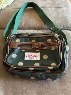 Cath Kidston Green Polka Dot Messenger Bag with Brown Trim